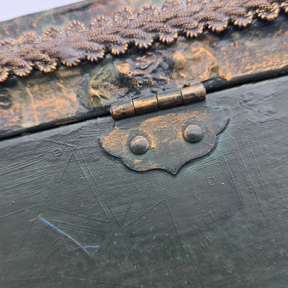 Antique Half Moon Floral‎ Decoupage Large Storage Box Green 12X8X4 Old World